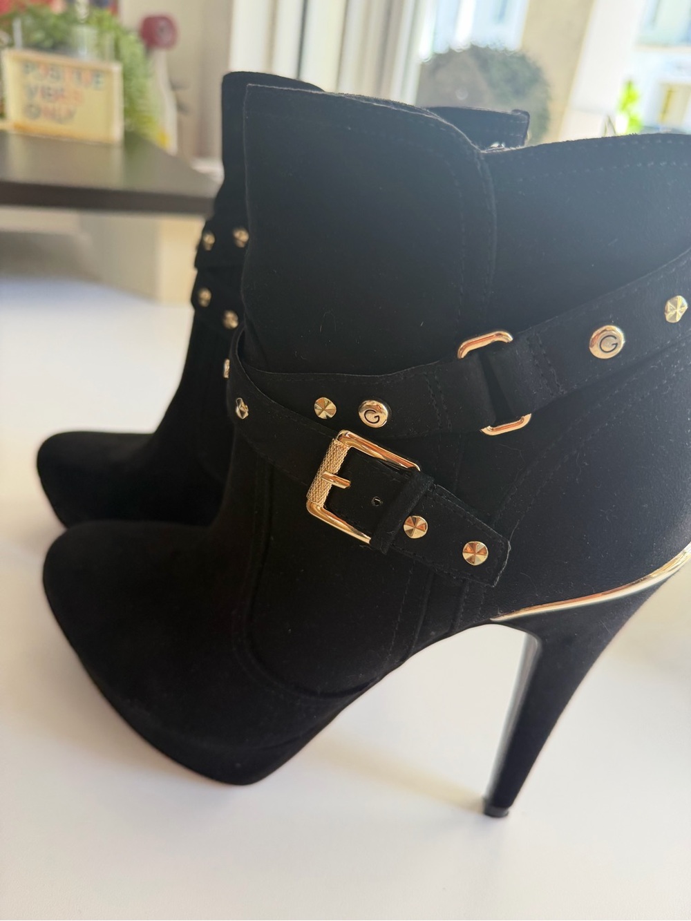 Guess Black Suede Stiletto Ankle Boots with Gold Hardware
